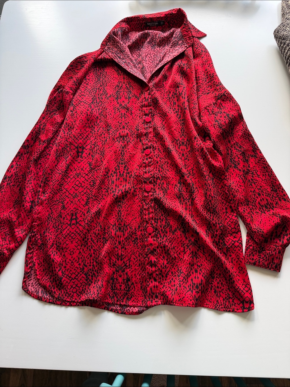 Nasty Gal Red and Black Snake-Print Button Down Shirt